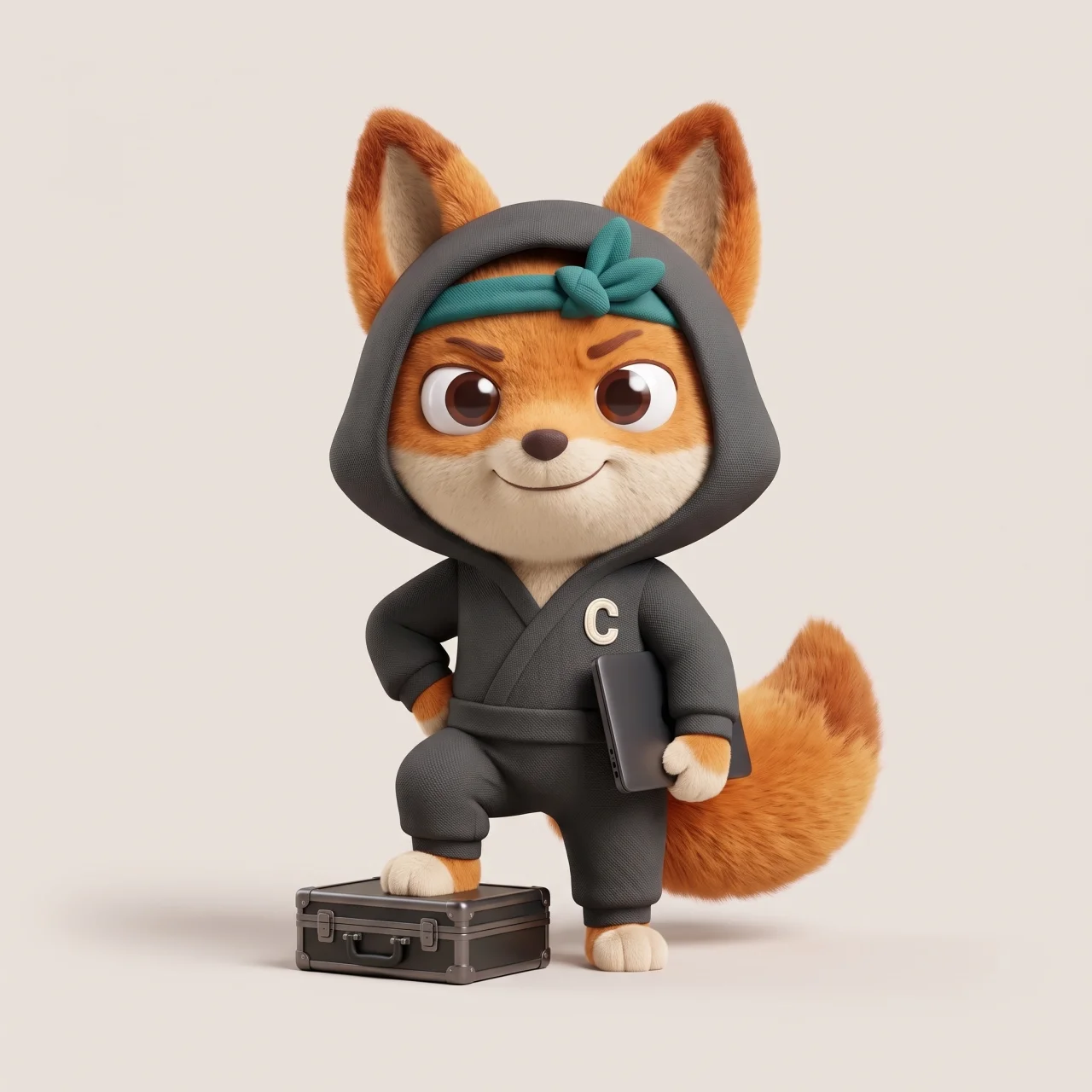 Collins as a confident orange ninja fox with a teal headband, a C chest patch, and a closed laptop.