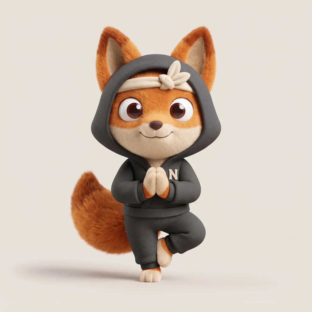 Neil as an orange ninja fox balancing on one leg with paws together in a prayer pose, wearing an ivory headband and an N chest patch.