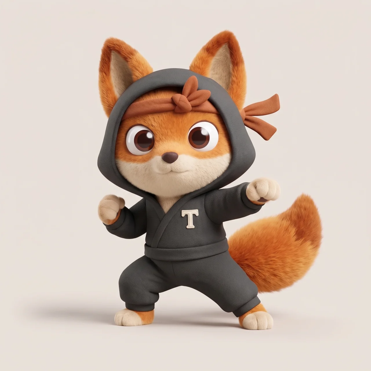 Travis as an orange ninja fox in a fighting stance, wearing an orange headband and a T chest patch.